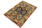 Flat Weave Kilim Antique Navaho Vintage handmade Geometric Kilim Rust Gold Hand-Woven Rectangle 100% Wool Area Rug 3x5